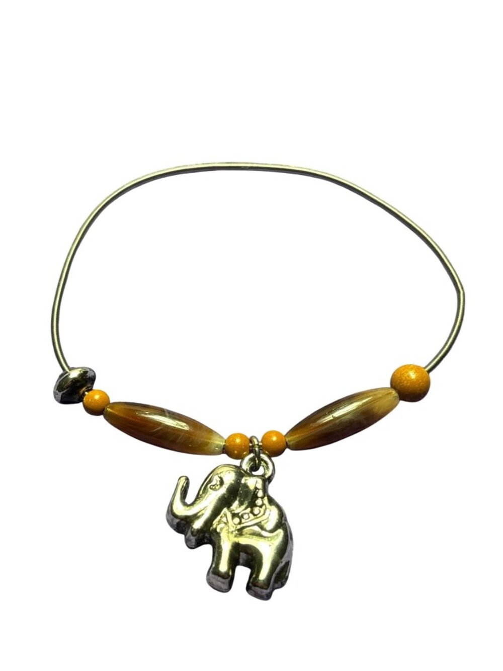 Silvertone Serpentine Stretchy Bracelet Elephant Charm Brown Plastic Beads